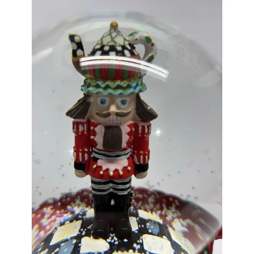 MacKenzie Childs Christmas Snow Globe Musical Tea Cup Nutcracker 8 1/2" Tall - Picture 6 of 8
